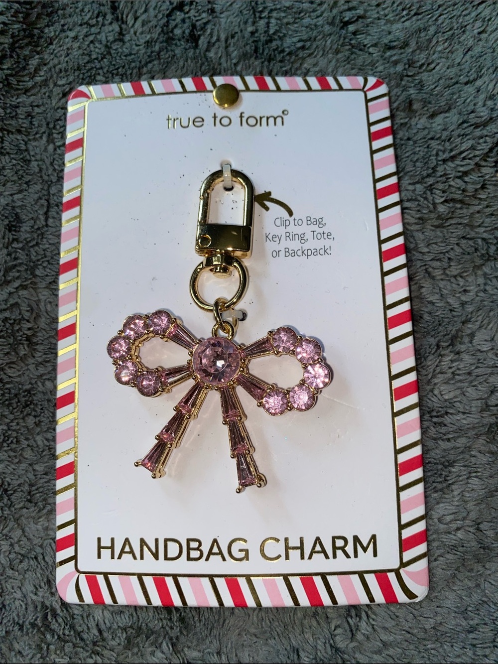 BNWT True to Form “Breast Cancer Awareness Pink Bow” Keychain/Bag Charm - Picture 2 of 4